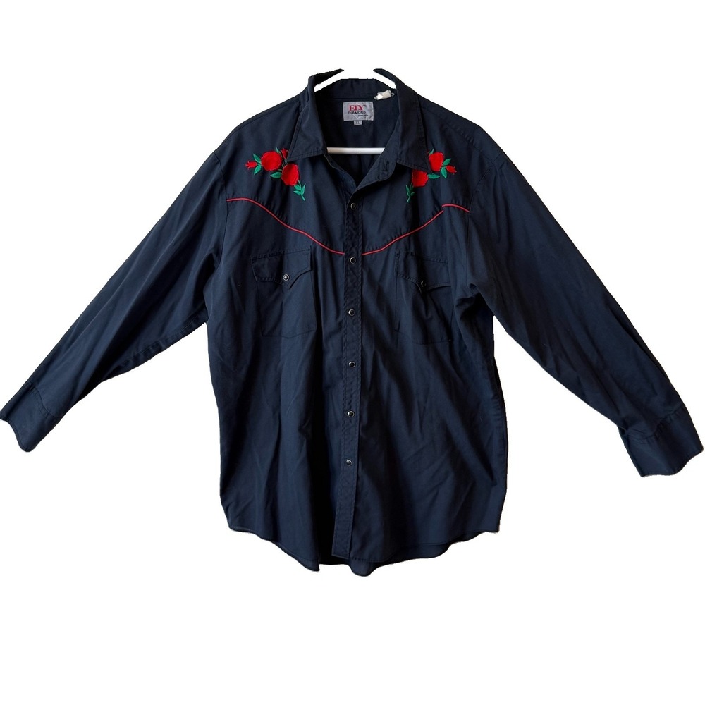 ELY Diamond Men's XL Black Western Pearl Snap Shirt Red Rose Embroidery
